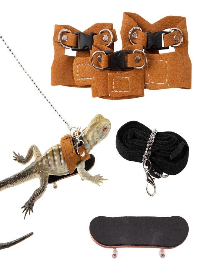 Swirge Bearded Dragon Leash and Harness Set, with Bearded Dragon Skateboard, Adjustable Lizard Leash Soft Leather Harness Climbing Accessories for Reptile Rat Tortoise (Brown) - Image 1